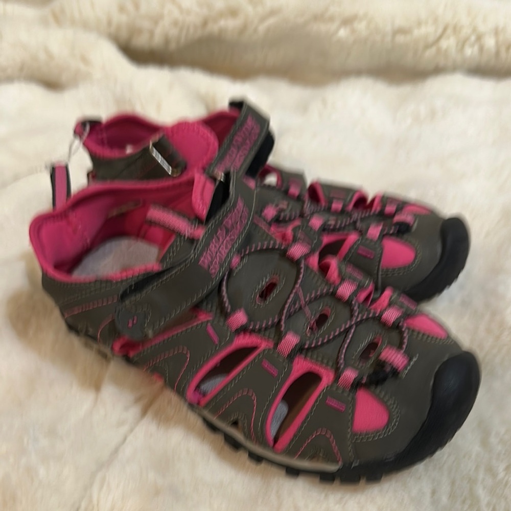 Pink and Brown Athletic Shoes with Rugged Sole and Adjustable Straps